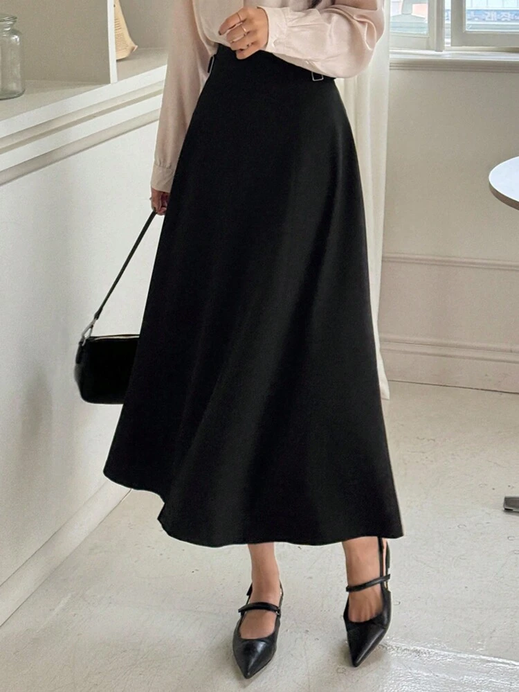 Women's Adjustable Waistband Loose A-Line Mid-Length Skirt, Black, All Season,Back To School Clothes Fall