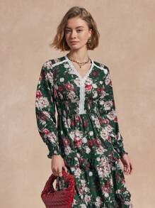 Chiquease 女士花卉印花撞色蕾丝 V 领连衣裙，秋季优雅风格