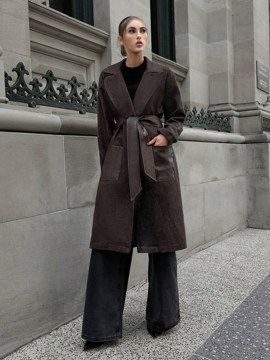 EURMUSE Urban Style Cashmere Look Leather-Like Pocket Warm Feeling Long Women's Coat