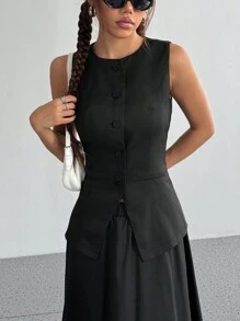 Flirla Women 2 Pieces Set, Casual Front Button Tank Top And Solid Color A-Line Skirt, Suitable For Commuting, Autumn - Black - View 4
