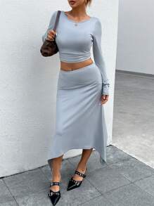 INAWLY Women Solid Color Long Sleeve Pleated Blouse And Skirt Casual 2 Pieces Set Fall Cloth For Women