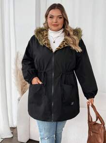SHEIN CURVE+ 大码女式连帽长袖撞色抽绳毛绒边框填充冬季羊毛夹克 - 黑色 - 查看 4
