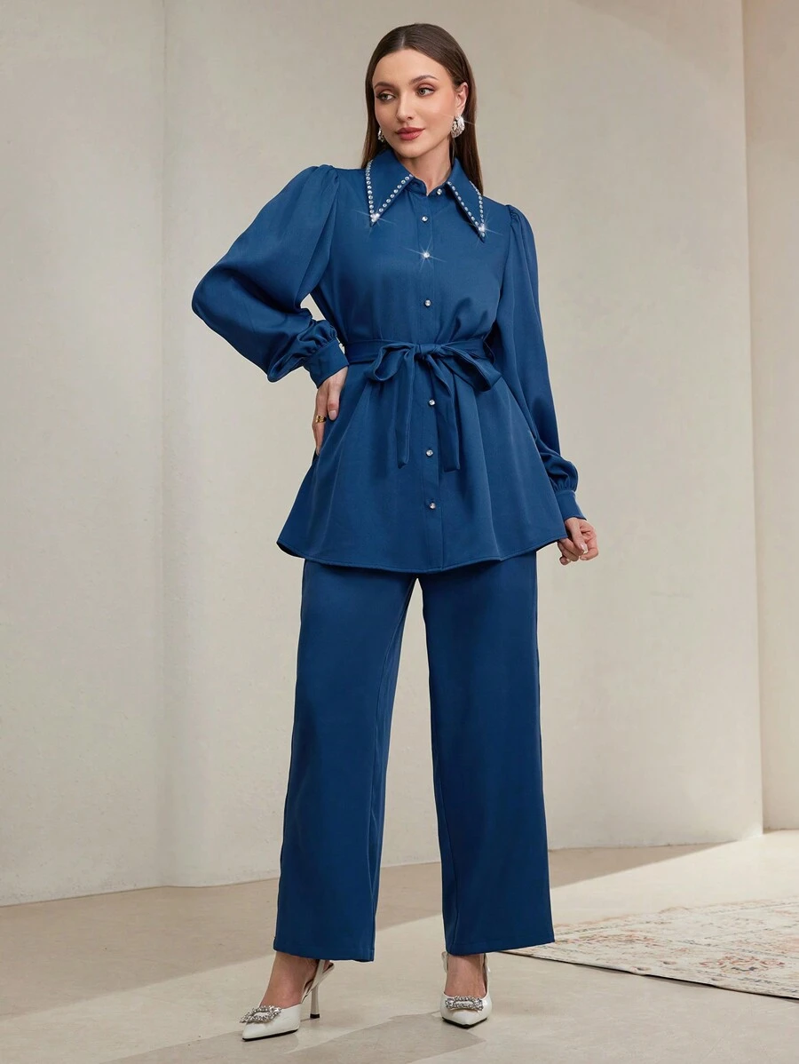 Modelyn Bộ 2 chiếc áo cánh và quần trang trí bằng đá Rhinestone màu trơn cho nữ, thanh lịch - Màu xanh lam - Xem 1
