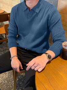 DAZY 男士纯色领口长袖休闲针织毛衣，秋冬 - 霧霾藍 - 查看 6