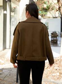 Flirla Damen Mode Große Größen Lässig einfarbig Kragen Schulterriemen Locker Taille Gürtel Doppelschnalle Kurze Jacke - Mokka-Braun - Übersicht 2