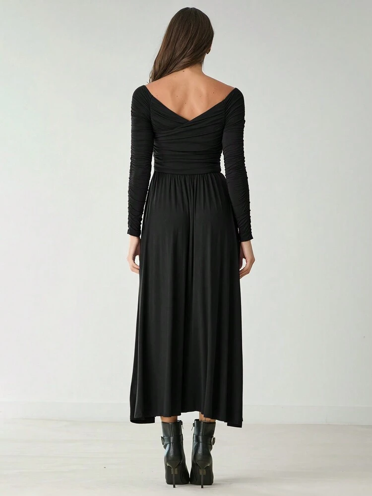 新作冬商品 エレガントな女性のVネック長袖ドレス、女性の冬服、新年会ドレス、エレガントな女性のドレス、休日ドレス、シンプルでファッショナブルなカジュアルデイリーウェア、クリスマスパーティー&ロマンチックなディナーデート用