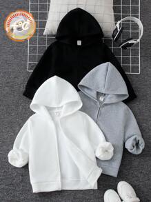 SHEIN Leap Crew Buy 1 Get 1 Free Plush Fabric Casual Hooded Jacket, Comfortable, Versatile And Practical Design, Suitable For Young Boys, Ideal For School, Daily Wear, Outdoor Activities And Autumn/Winter Season. - Khaki - View 3