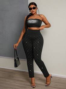 Slaydiva Plus Size Women Fashion High Waist Rhinestone Embellished Skinny Pants