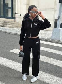 SHEIN Teengirl Black Velvet Rhinestone Decor Casual Suit, Black Velvet Suit, Glamorous Shimmering Rhinestone Suit, Street Style Suit, College Style Suit - Black - View 7