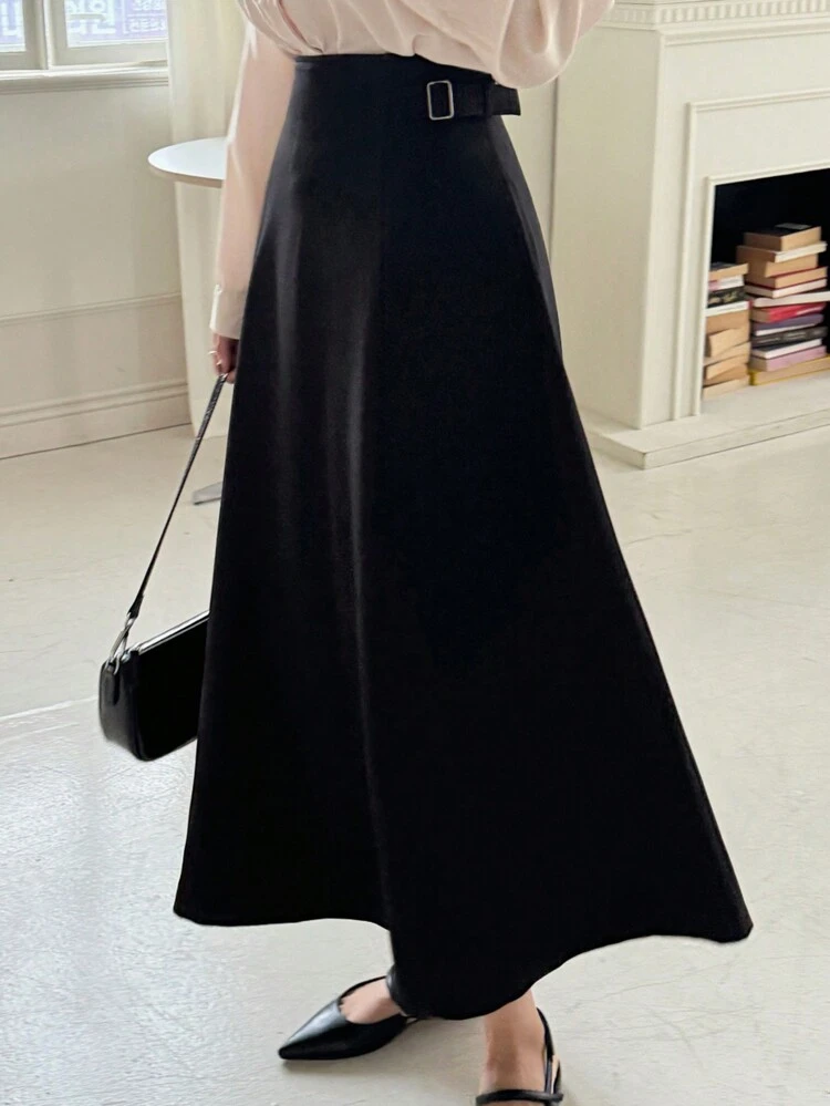 Women's Adjustable Waistband Loose A-Line Mid-Length Skirt, Black, All Season,Back To School Clothes Fall