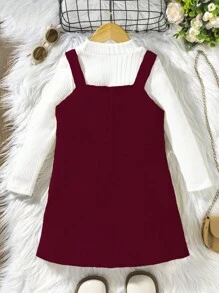 SHEIN Young Girl School/Commute Asymmetrical Suspender Skirt And Ribbed Knit Tank Top Set - Burgundy - View 2