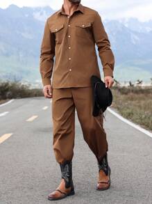 Manfinity Homme 2pcs Men Fashion Button Up Long Sleeve Shirt & Long Pants Set - Rust Brown - View 5