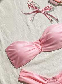 Swim Mod Bikini Set, Pink Spaghetti Strap Crop Top And High Cut Bottom Swimwear Summer - Pink - View 3