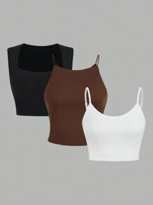 SHEIN EZwear 3 件套女士针织休闲无袖背心套装 - 彩色 - 查看 1
