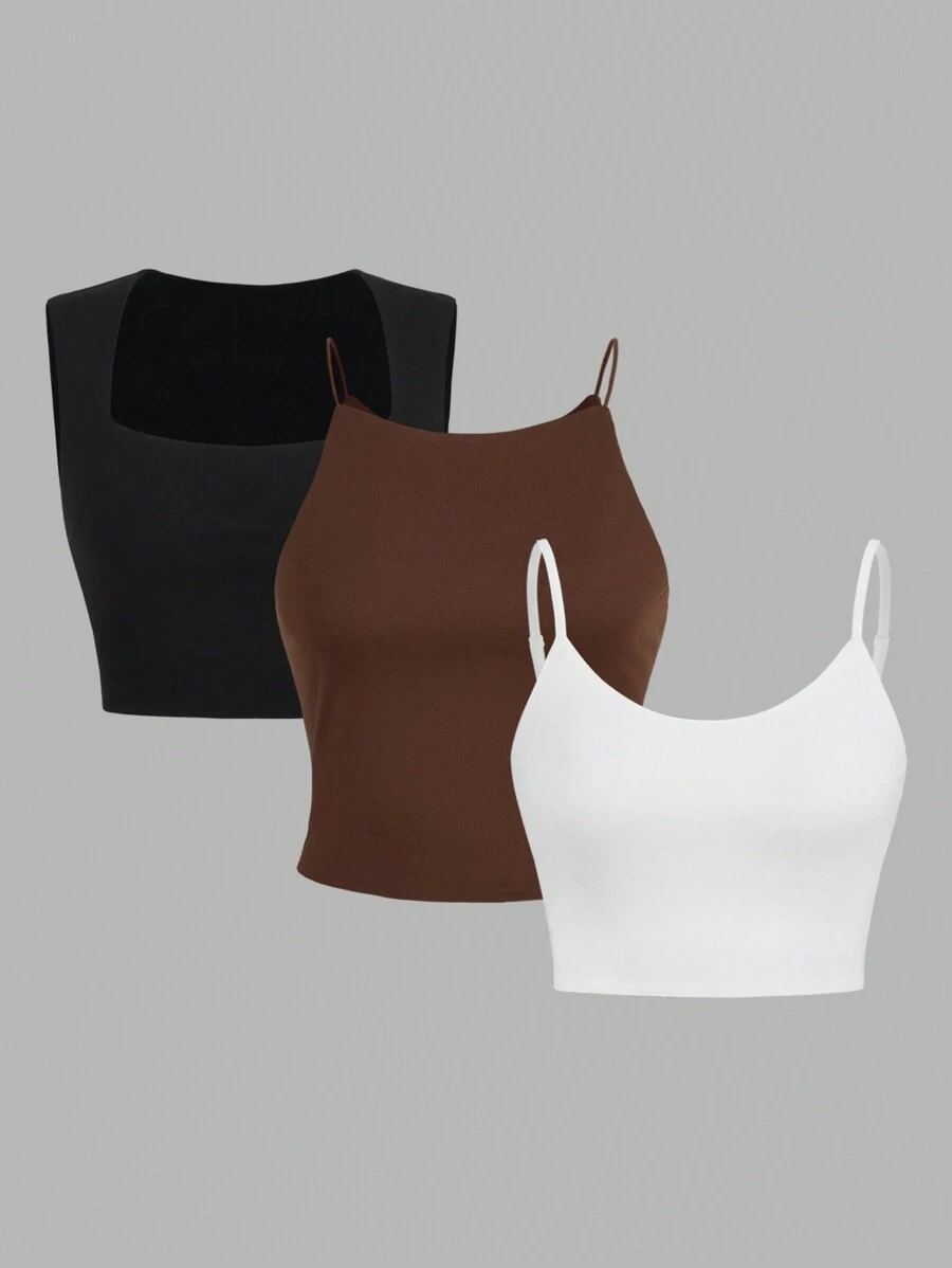 SHEIN EZwear 3 件套女士针织休闲无袖背心套装 - 彩色 - 查看 1