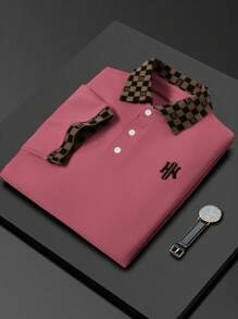 Manfinity Homme 男士秋季休闲格纹拼布字母刺绣 Polo 衫 - 珊瑚粉 - 查看 1