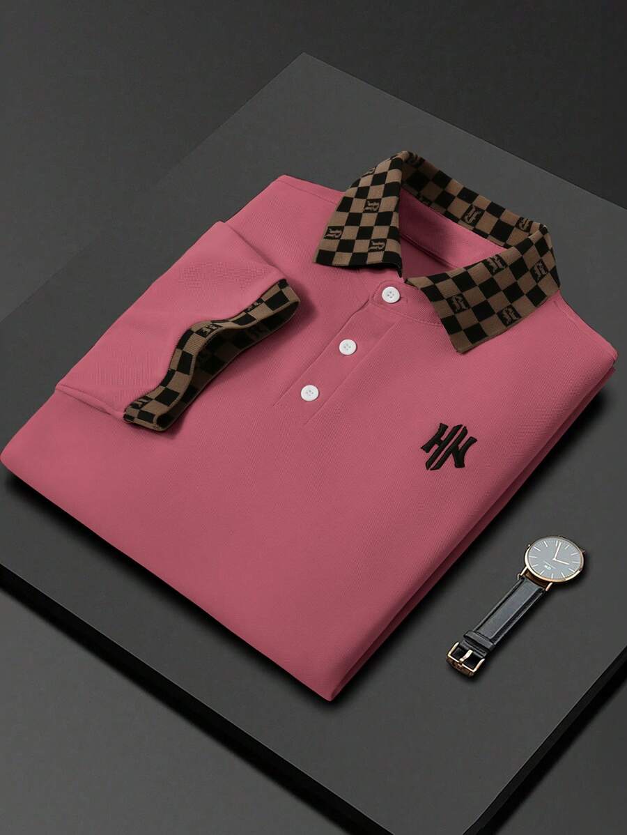 Manfinity Homme 男士秋季休闲格纹拼布字母刺绣 Polo 衫 - 珊瑚粉 - 查看 1