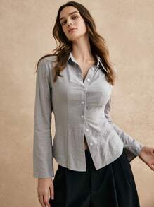 Poéselle 女士灰色条纹抽绳腰部优雅前扣长袖休闲衬衫，工作服，女士办公室服装，工作服，商务休闲女士，优雅外出，办公室美女风格，冬季女装，紧身剪裁，轻松时尚必备 - 彩色 - 查看 5