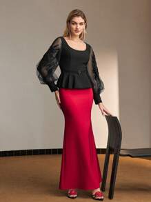 MOTF Soiréza SEQUIN EMBROIDERY SHEER MESH LANTERN SLEEVE SCOOP NECK BUCKLE BELTED PEPLUM TOP - Black - View 5