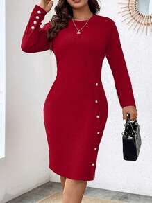 Nubod 大码纯色圆领长袖纽扣装饰简约休闲连衣裙新年衣服 - 紅色 - 查看 4
