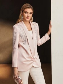 MOTF PREMIUM SHAWL COLLAR RHINESTONE DETAIL RUCHED BLAZER - Pink - View 2