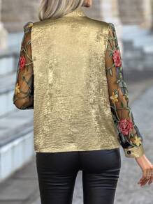 SHEIN Clasi 女士黑色花卉刺绣拼接网眼长袖蝴蝶结领优雅衬衫秋季 - 金色 - 查看 2