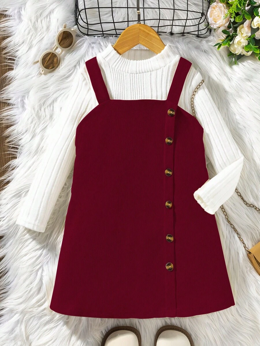 SHEIN Young Girl School/Commute Asymmetrical Suspender Skirt And Ribbed Knit Tank Top Set - Burgundy - View 1