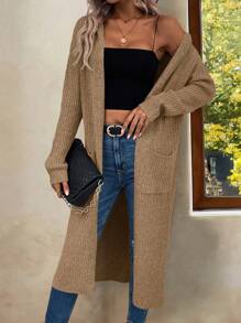 SHEIN LUNE Áo nỉ trùm đầu thường ngày có túi dành cho nữ, mặc hàng ngày - Màu Khaki - Xem 3