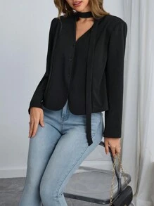 SHEIN EZwear 纯色针织 V 领宽松长袖女式衬衫 - 黑色 - 查看 3