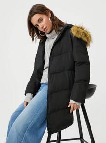 SHEIN EZwear Áo khoác đệm có mũ trùm đầu có khóa kéo viền lông - màu đen - Xem 2