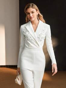 MOTF PREMIUM 尖领撞色亮片细节前缝连体裤 - 白色 - 查看 4