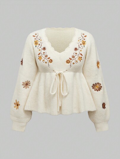 Plus Size Women Floral Embroidery Boho Hippie Dolman Sweater For Autumn/Winter