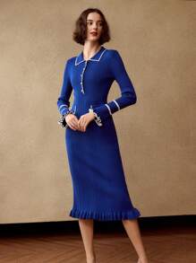 MOTF Vestido de punto acanalado con mangas abombadas y ribetes de contraste - Azul - Ver 5