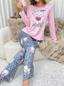 Conjunto de pijama de mujer con estampado de gato lindo, ropa de otoño e invierno - Multicolor - Ver 4