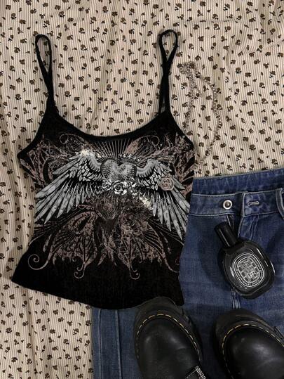 SHEIN Vintage Heart And Wings Graphic Casual Tight Camisole Tank Top For Teen Girls, Summer Wear