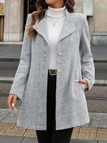 SHEIN Clasi Women's Collar Fitted Button Herringbone Overcoat - Grey - View 7