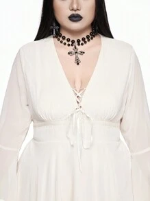 ROMWE Plus Size Gothic Deep V Flare Sleeve Asymmetric Hem Contrast Lace Cinched Waist Up White Dress - Beige - View 7