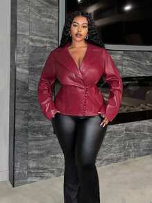 Slaydiva Giacca elegante e vintage in borgogna, con scollo a V, maniche lunghe e vita stretta, per l'autunno e l'inverno, taglie forti - Bordò - Visualizzare 6