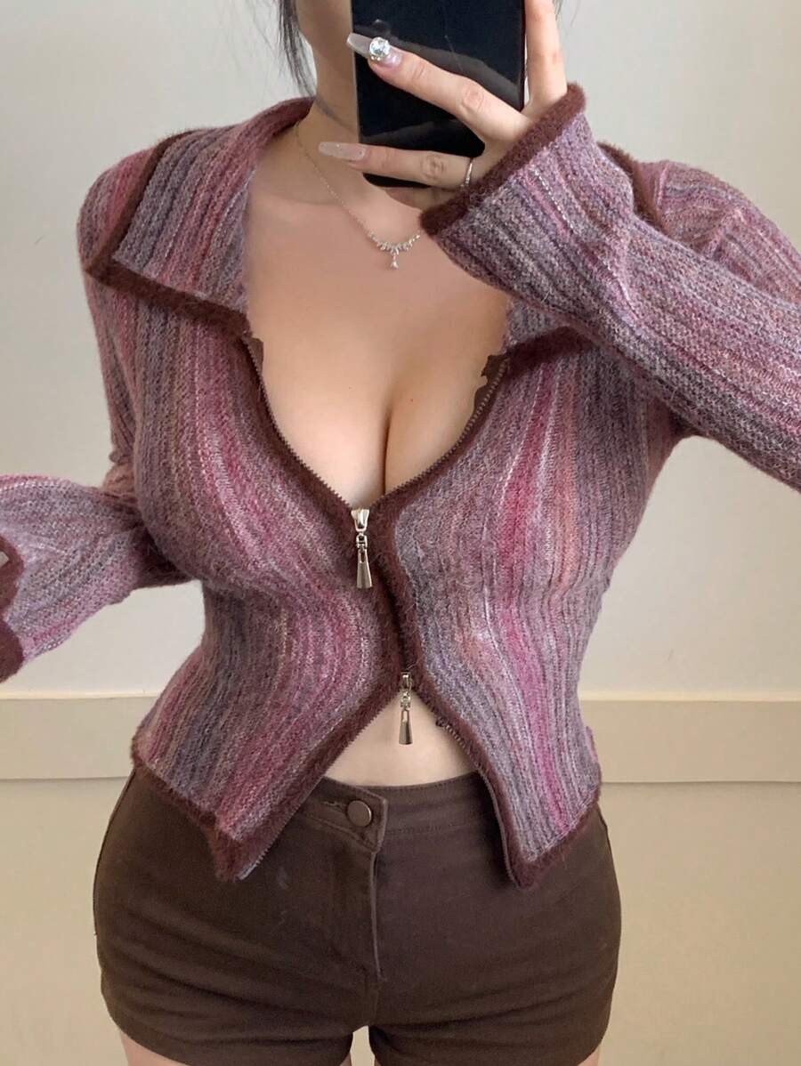 DAZY Women Casual Ombre Color Block Zip Up Fitted Cardigan For Autumn,Fall Women Clothes - Violet Purple - View 1