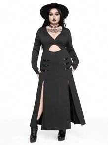 ROMWE Goth Plus Size Women Deep V-Neck High Slit PU Leather Buckle Sexy Dress - Black - View 3