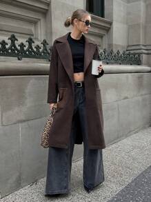 EURMUSE Urban Style Cashmere Look Leather-Like Pocket Warm Feeling Long Women's Coat