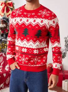 Manfinity VCAY Men's Loose Drop Shoulder Long Sleeve Open Front Casual Knitted Sweater, Suitable For Christmas, Family Matching, Couple Style, Christmas Sweater - Red - View 1