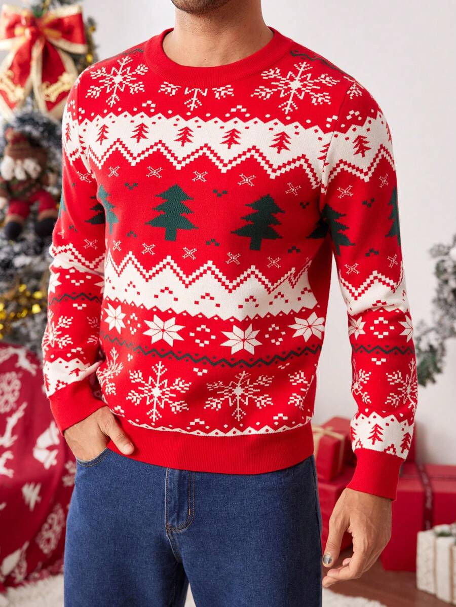 Manfinity VCAY Men's Loose Drop Shoulder Long Sleeve Open Front Casual Knitted Sweater, Suitable For Christmas, Family Matching, Couple Style, Christmas Sweater - Red - View 1