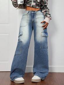 SHEIN PETITE 女士保暖内衬直筒牛仔裤，街头风格，牛仔蓝 - 深色水洗藍 - 查看 4