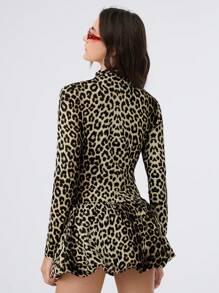 SHEIN EZwear Women's New High Neck Leopard Print Pleated Slim Fit Flower Hem Dress,Perfect For Back To School