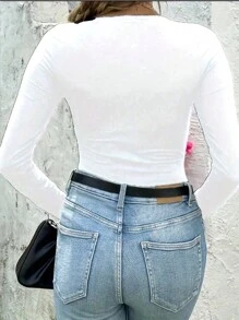 INAWLY 1 件纯色休闲修身紧身衣，秋季 - 白色 - 查看 3