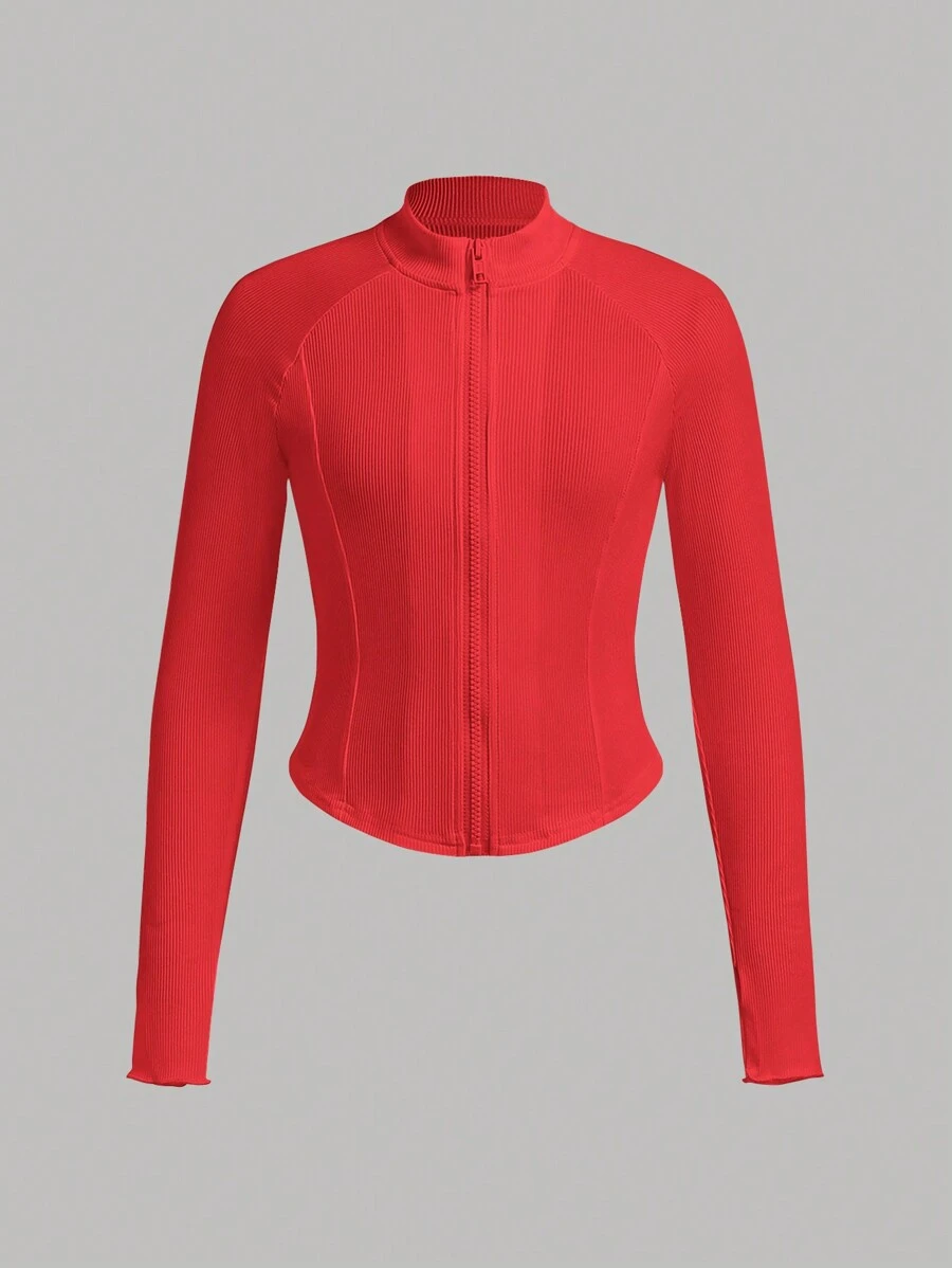 SHEIN Tween Girl Red Short Zip-Up Jacket, Spring/Autumn - Burgundy - View 1