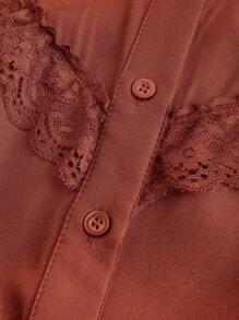 SHEIN MOD 1 件女式纯色立领、系腰、蕾丝荷叶边喇叭袖衬衫，秋季 - 棕色 - 查看 4