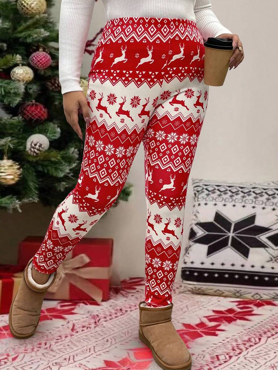 Flirla 大码女式天鹅绒数码印花紧身裤，圣诞节 - 紅白色 - 查看 1