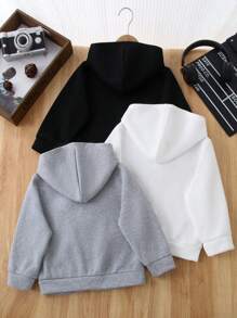 SHEIN Leap Crew Buy 1 Get 1 Free Plush Fabric Casual Hooded Jacket, Comfortable, Versatile And Practical Design, Suitable For Young Boys, Ideal For School, Daily Wear, Outdoor Activities And Autumn/Winter Season. - Khaki - View 4